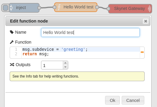 greeting subdevice setup in nodeblu